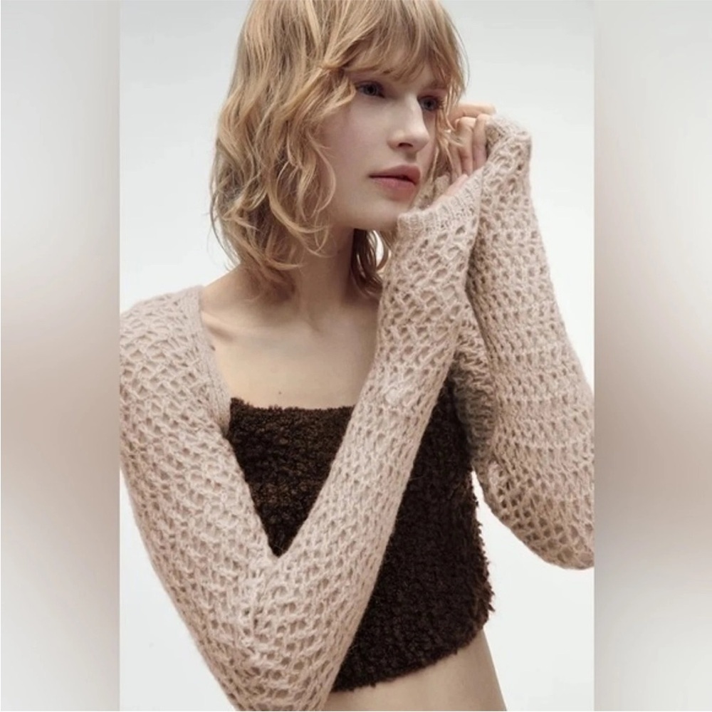 Zara Sweater Womens Small Brown Contrast Crochet Open Knit New